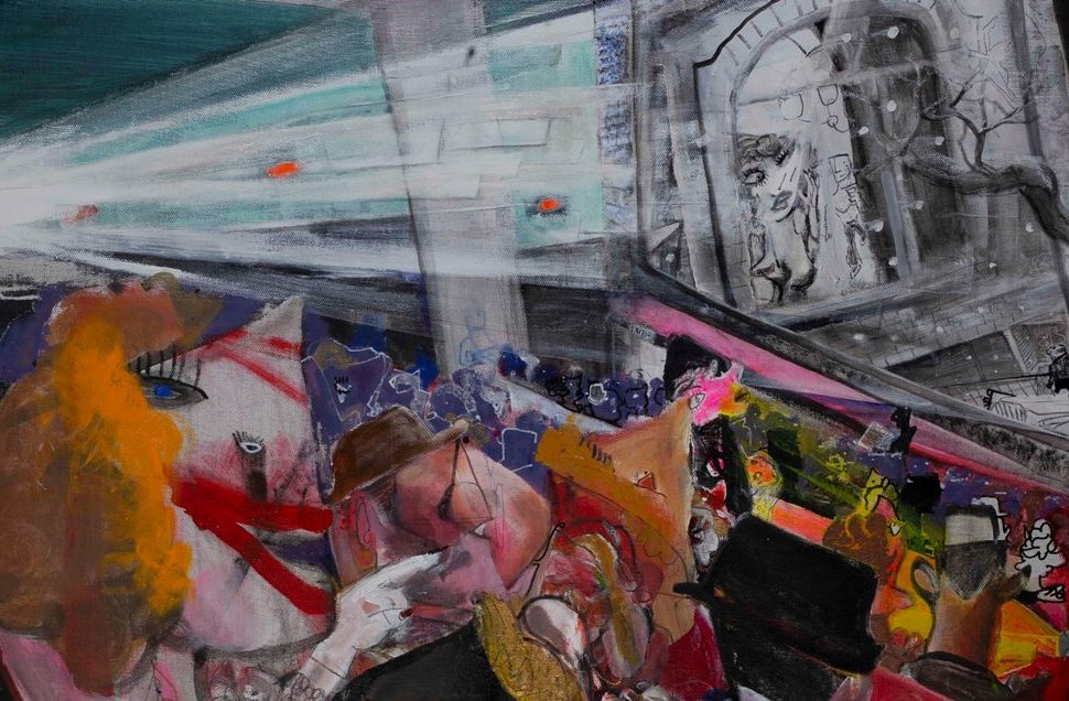 سینمای فریتز لانگ، ۱۳۰ در ۱۶۰ سانتیمتر، اکریلیک، مداد و ماژیک روی بوم، ۲۰۱۸