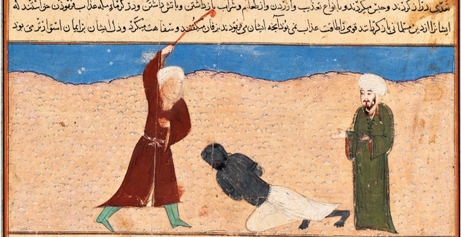 شکل 2: شکنجه بلال حبشی، جامعالتواریخ رشیدالدین، حدود سالها 750 تا 803 ه.ق. کتابخانه کاخ توپقاپی، استانبول، H. 1654, folio 62r.
