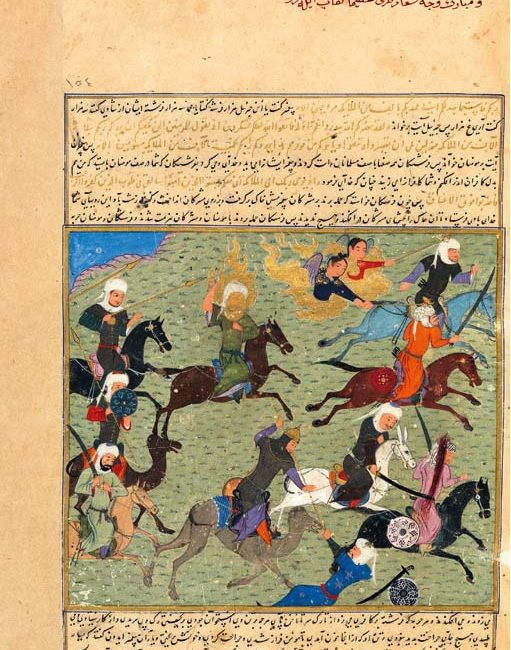 تصویر ۱۰: حضرت محمد در جنگ بدر، کلیاتالتواریخ حافظ ابرو، هرات، افغانستان، 818 ه.ق. کتابخانه کاخ توپقاپی، استانبول، B. 282, folio 154r.