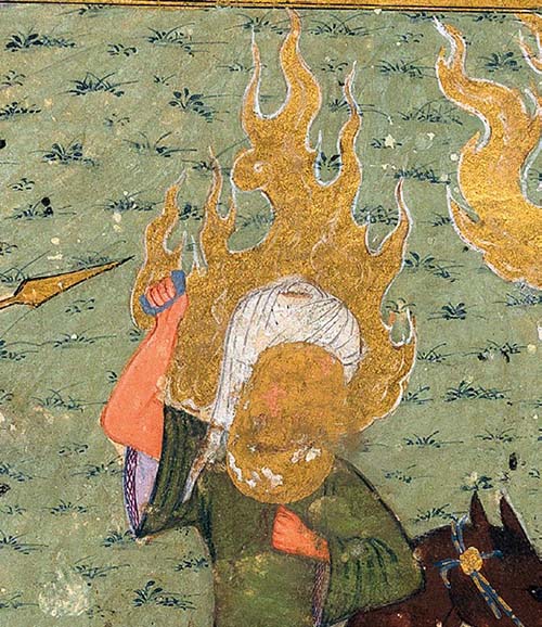 شکل ۱۱: جزئی از تصویر ۱۰ که چهرهی حضرت محمد را نشان میدهد که با رنگ طلایی پوشیده شدهاست.