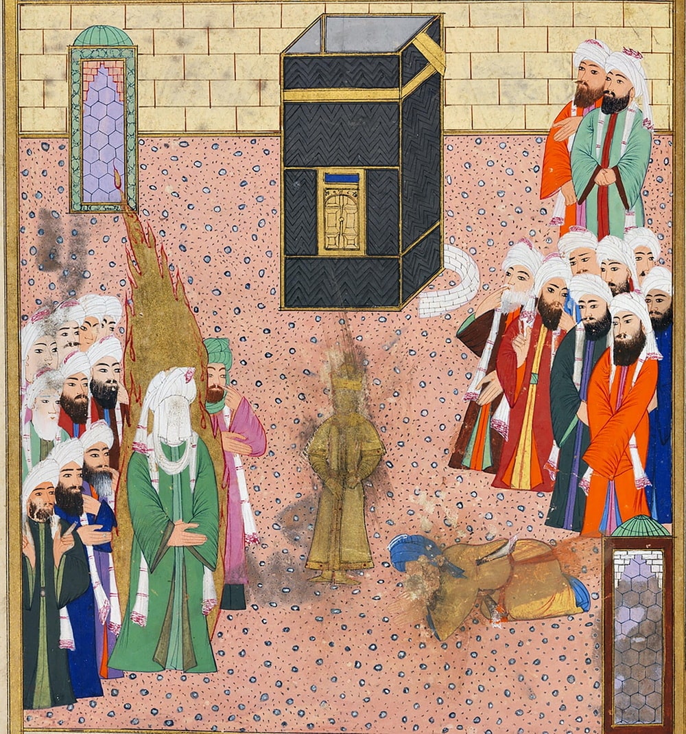شکل ۸: حضرت محمد (ص) شاهد سجده بتپرست بر بت خود، سیرهالنبی الضریر، استانبول، سرزمین عثمانی، 1003 ه.ق. کتابخانه کاخ توپقاپی، استانبول، H. 1222, folio 371r.