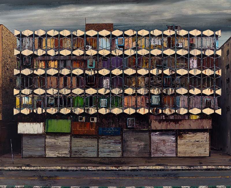 Javad Modaresi, A Building at Valiasr Intersection, oil on canvas, 160x180cm, 2023