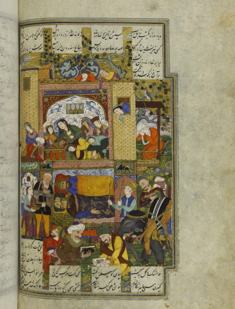 تصویر ۸: اجساد رستم و زواره. شاهنامه‌ی فردوسی ۱۰۱۴ قمری. کتابخانه‌ی دولتی برلین