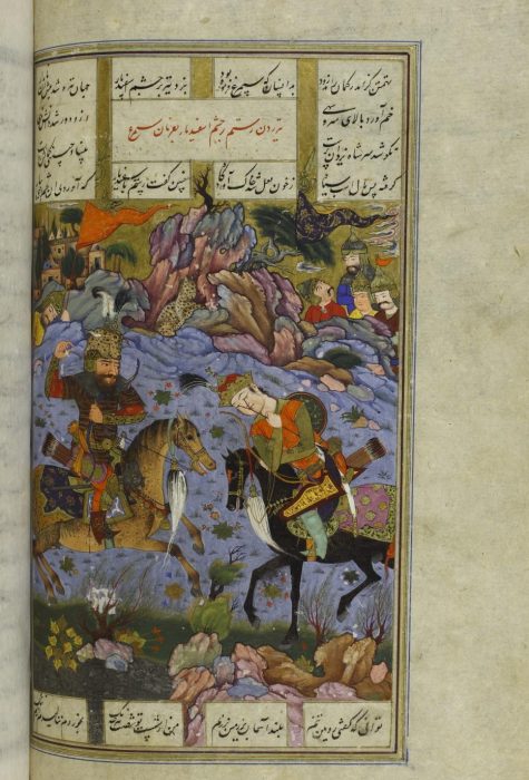 تصویر ۲: تیر زدن رستم به چشمان اسفندیار، شاهنامه‌ی فردوسی ۱۰۱۴ قمری. کتابخانه‌ی دولتی برلین