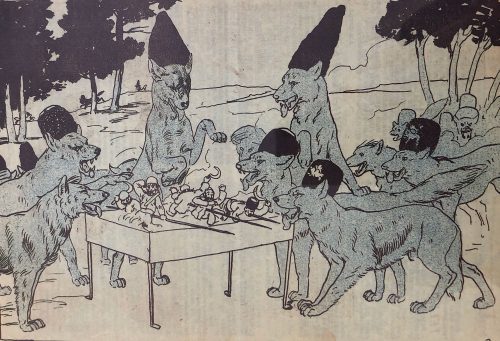 تصویر ۲. ملانصرالدین شماره ۶ (۱۰ فوریه ۱۹۰۷) مهمانی ــ روحانیون، دولتمردان و ملاکان، دهقانان را کباب میکنند تصویر ۲. ملانصرالدین شماره ۶ (۱۰ فوریه ۱۹۰۷) مهمانی ــ روحانیون، دولتمردان و ملاکان، دهقانان را کباب میکنند